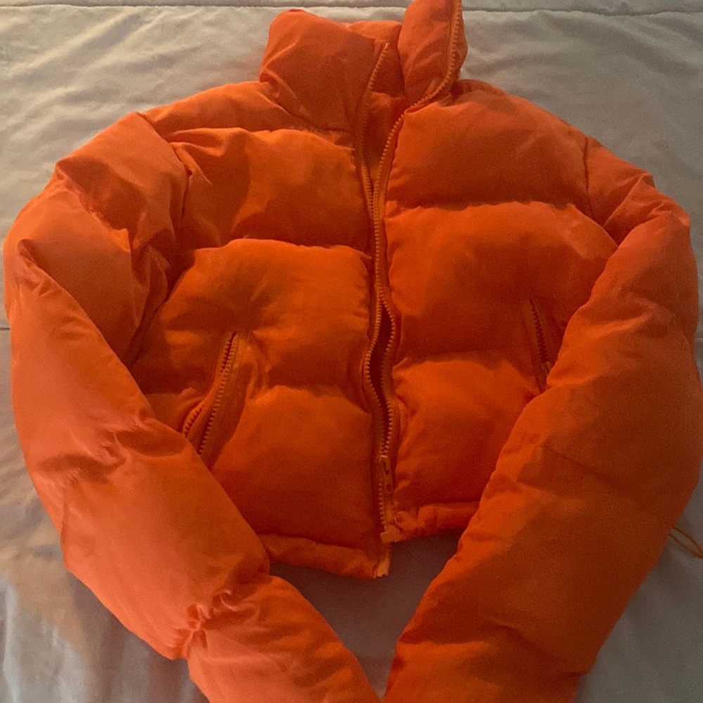 Orange Cropped Puffer Jacket